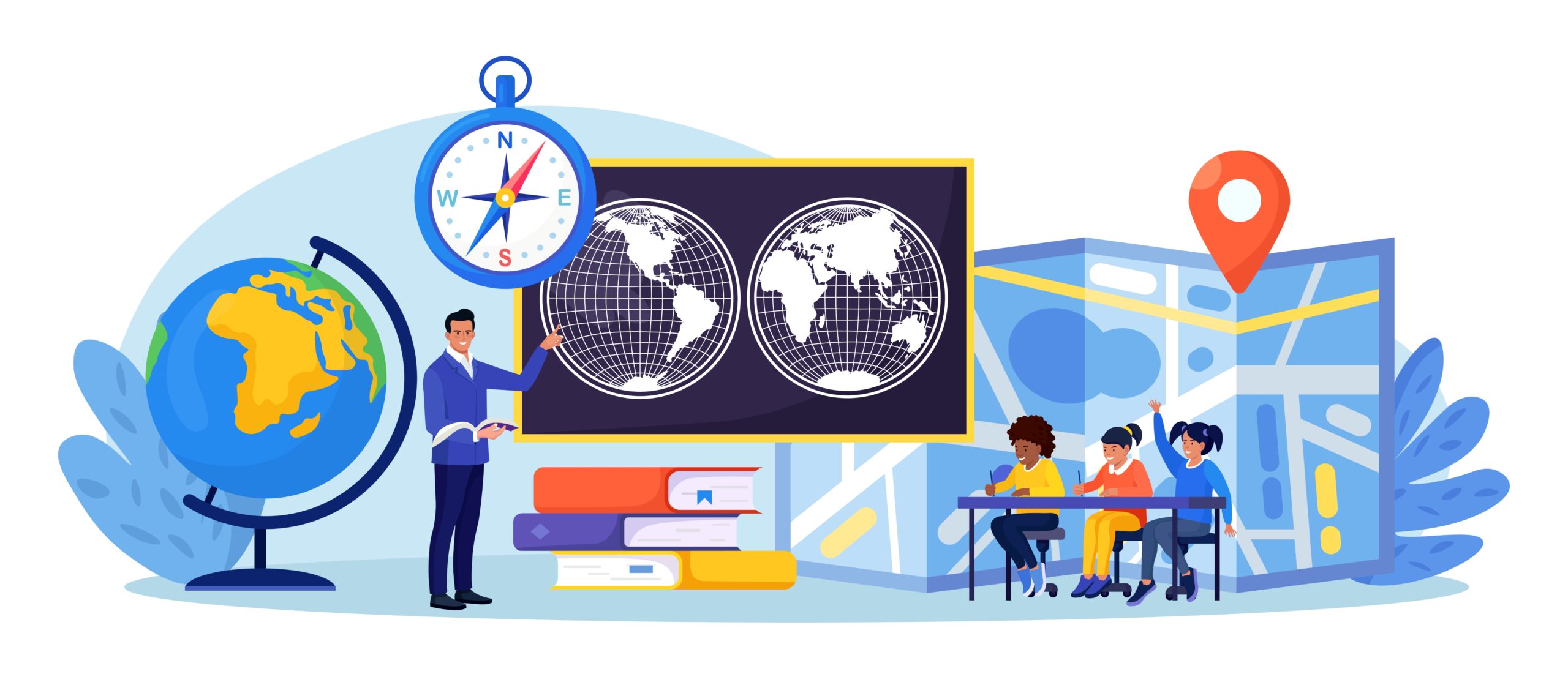 Geography school subject. Pupils studying atlas, lands, features, inhabitants of the Earth. Cartography and navigation, geology, environment research.Teacher pointing at chalkboard, teaching kids